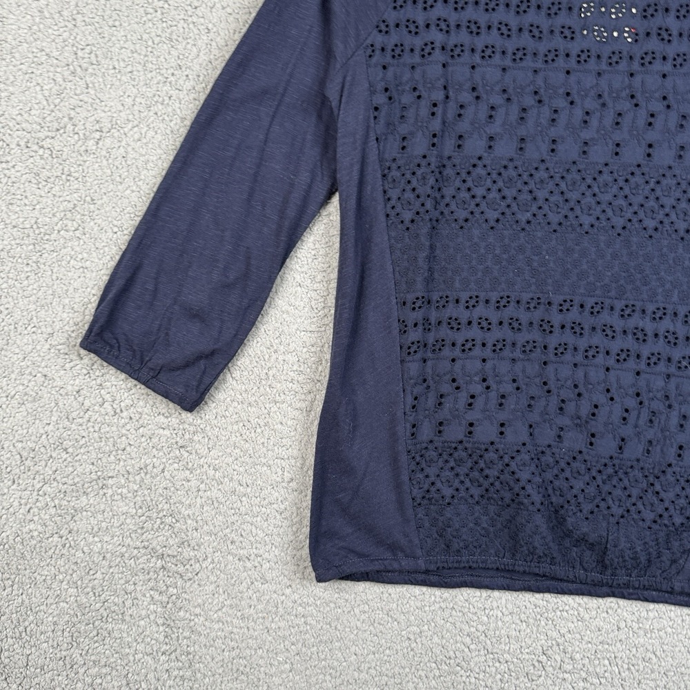 Lucky Brand Tunic Top Womens Size Medium Navy Blue Eyelet 3/4 Sleeve Boat Neck - Picture 5 of 15